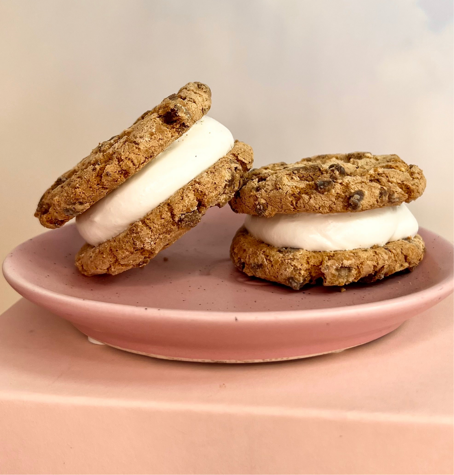 Choc chip cookie sandwich with marshmallow filling